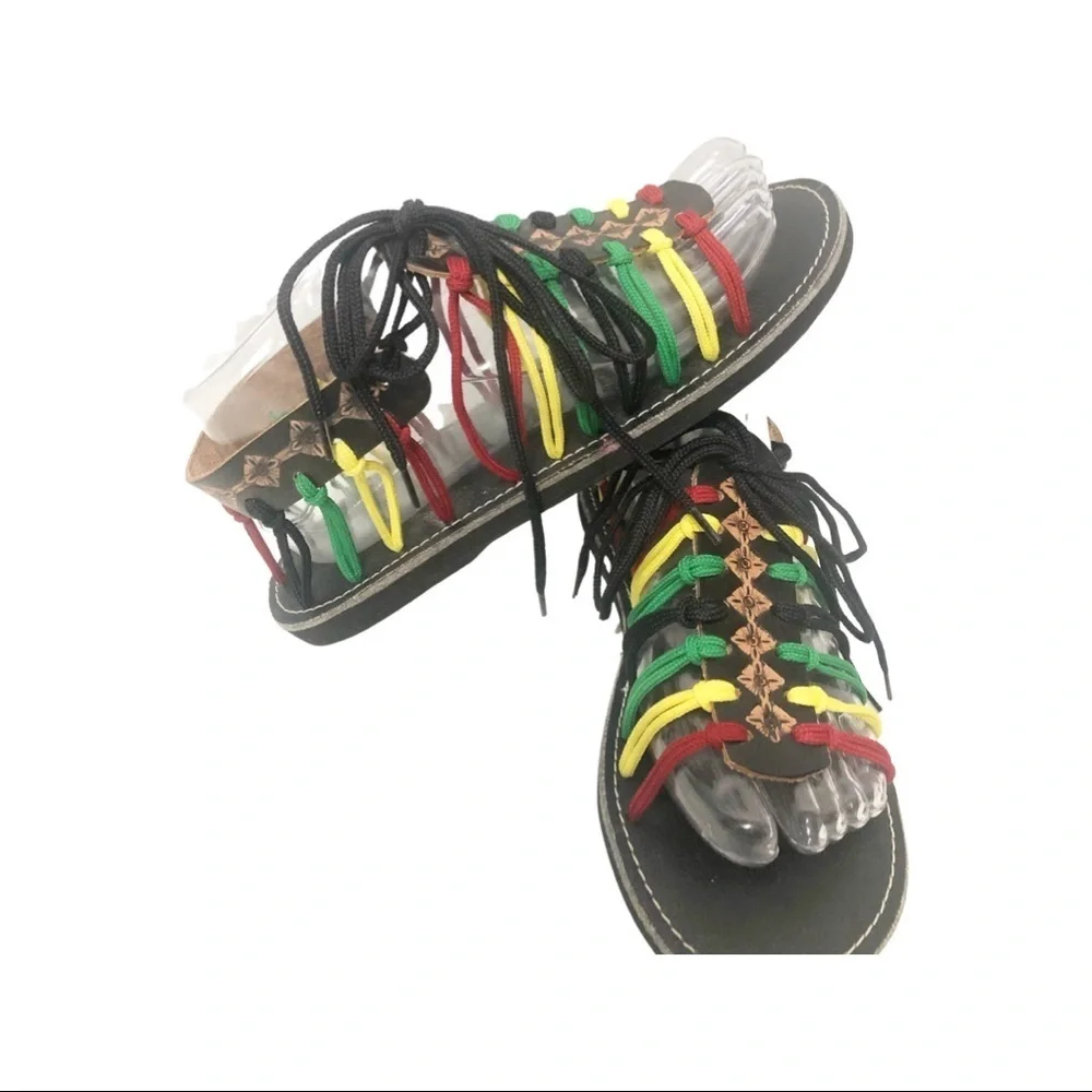 Reggae Rasta summer sandals leather and cloth women size 7.5 or 24.5 CM